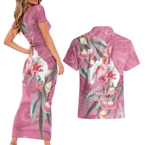 Pink Cockatoo Australia Day Couples Matching Short Sleeve Bodycon Dress and Hawaiian Shirt Proud To Be An Aussie Opal Eucalyptus Blossoms - Aussie Hoodie