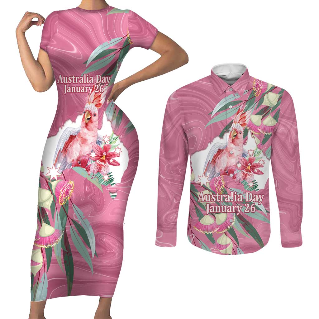 Pink Cockatoo Australia Day Couples Matching Short Sleeve Bodycon Dress and Long Sleeve Button Shirt Proud To Be An Aussie Opal Eucalyptus Blossoms - Aussie Hoodie