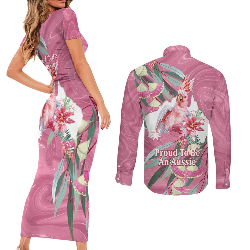 Pink Cockatoo Australia Day Couples Matching Short Sleeve Bodycon Dress and Long Sleeve Button Shirt Proud To Be An Aussie Opal Eucalyptus Blossoms - Aussie Hoodie
