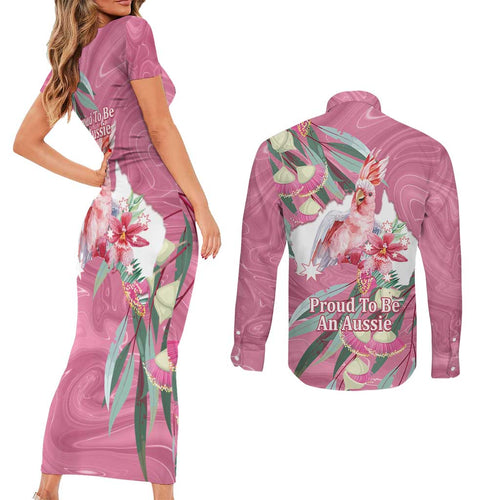 Pink Cockatoo Australia Day Couples Matching Short Sleeve Bodycon Dress and Long Sleeve Button Shirt Proud To Be An Aussie Opal Eucalyptus Blossoms - Aussie Hoodie