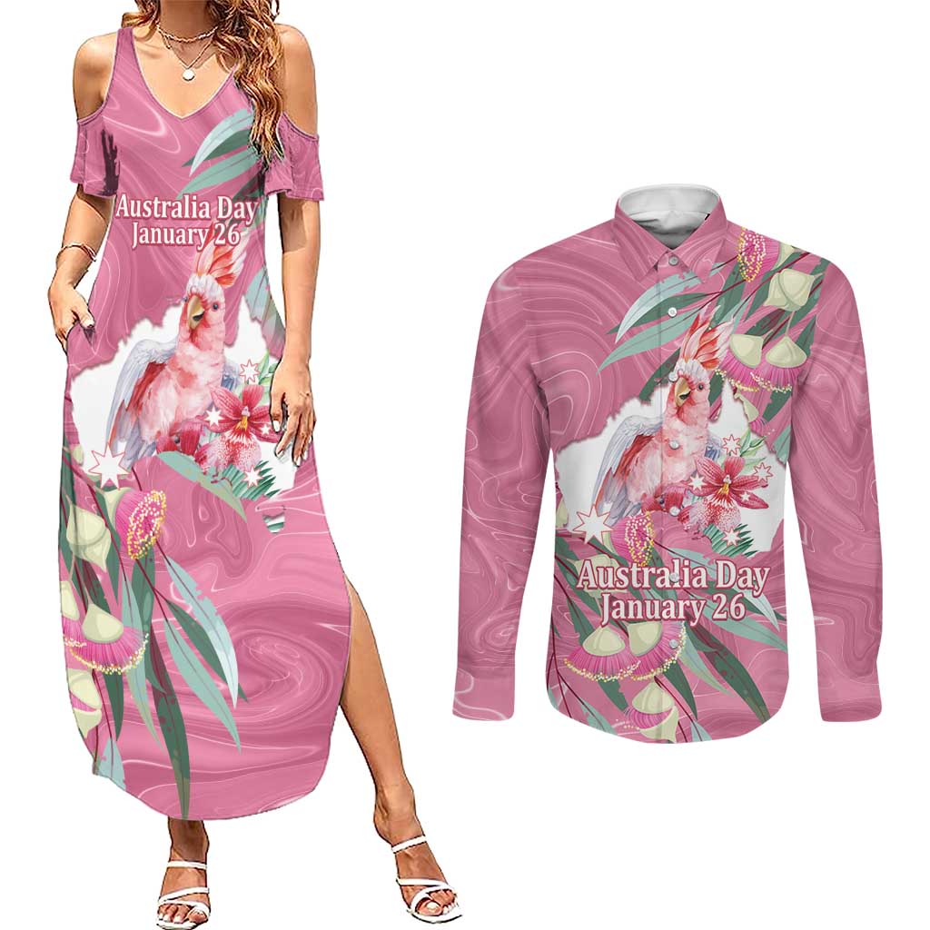Pink Cockatoo Australia Day Couples Matching Summer Maxi Dress and Long Sleeve Button Shirt Proud To Be An Aussie Opal Eucalyptus Blossoms - Aussie Hoodie