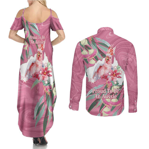 Pink Cockatoo Australia Day Couples Matching Summer Maxi Dress and Long Sleeve Button Shirt Proud To Be An Aussie Opal Eucalyptus Blossoms - Aussie Hoodie