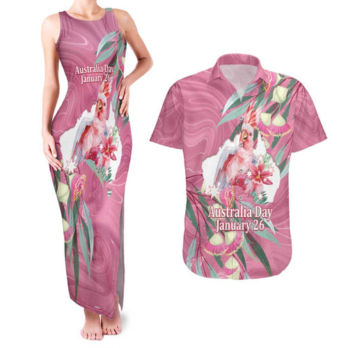 Pink Cockatoo Australia Day Couples Matching Tank Maxi Dress and Hawaiian Shirt Proud To Be An Aussie Opal Eucalyptus Blossoms - Aussie Hoodie
