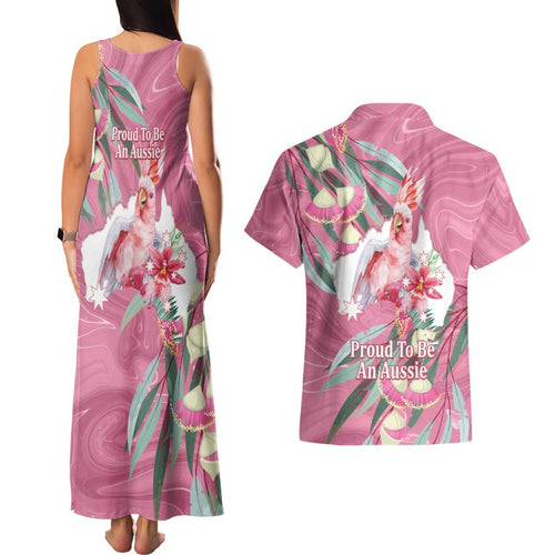 Pink Cockatoo Australia Day Couples Matching Tank Maxi Dress and Hawaiian Shirt Proud To Be An Aussie Opal Eucalyptus Blossoms - Aussie Hoodie