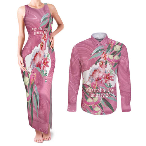Pink Cockatoo Australia Day Couples Matching Tank Maxi Dress and Long Sleeve Button Shirt Proud To Be An Aussie Opal Eucalyptus Blossoms - Aussie Hoodie