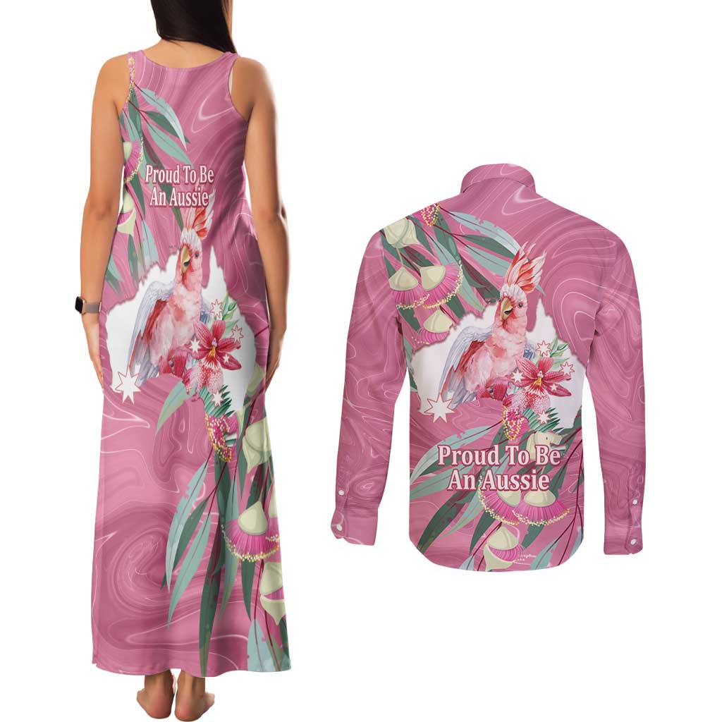 Pink Cockatoo Australia Day Couples Matching Tank Maxi Dress and Long Sleeve Button Shirt Proud To Be An Aussie Opal Eucalyptus Blossoms - Aussie Hoodie