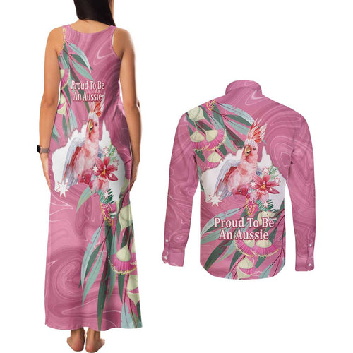 Pink Cockatoo Australia Day Couples Matching Tank Maxi Dress and Long Sleeve Button Shirt Proud To Be An Aussie Opal Eucalyptus Blossoms - Aussie Hoodie