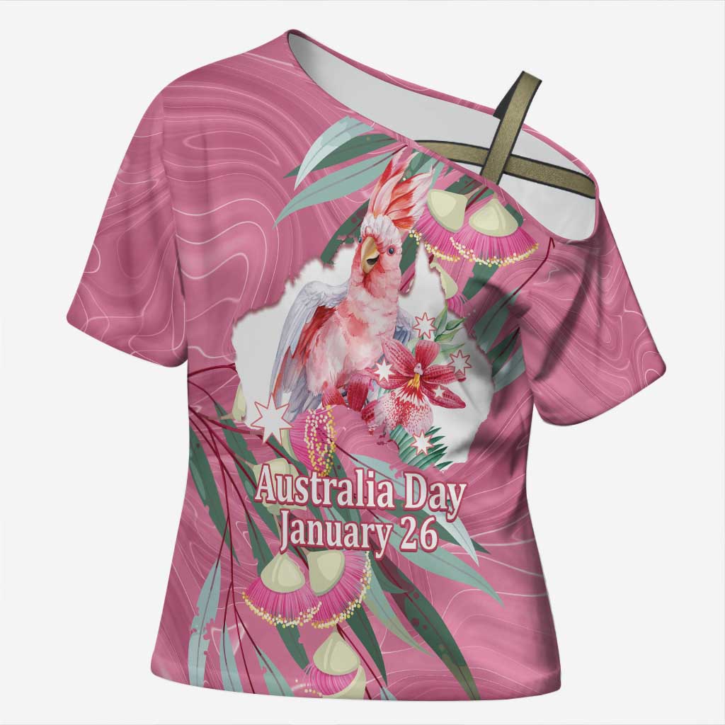 Pink Cockatoo Australia Day Cross Shoulder Shirt Proud To Be An Aussie Opal Eucalyptus Blossoms - Aussie Hoodie