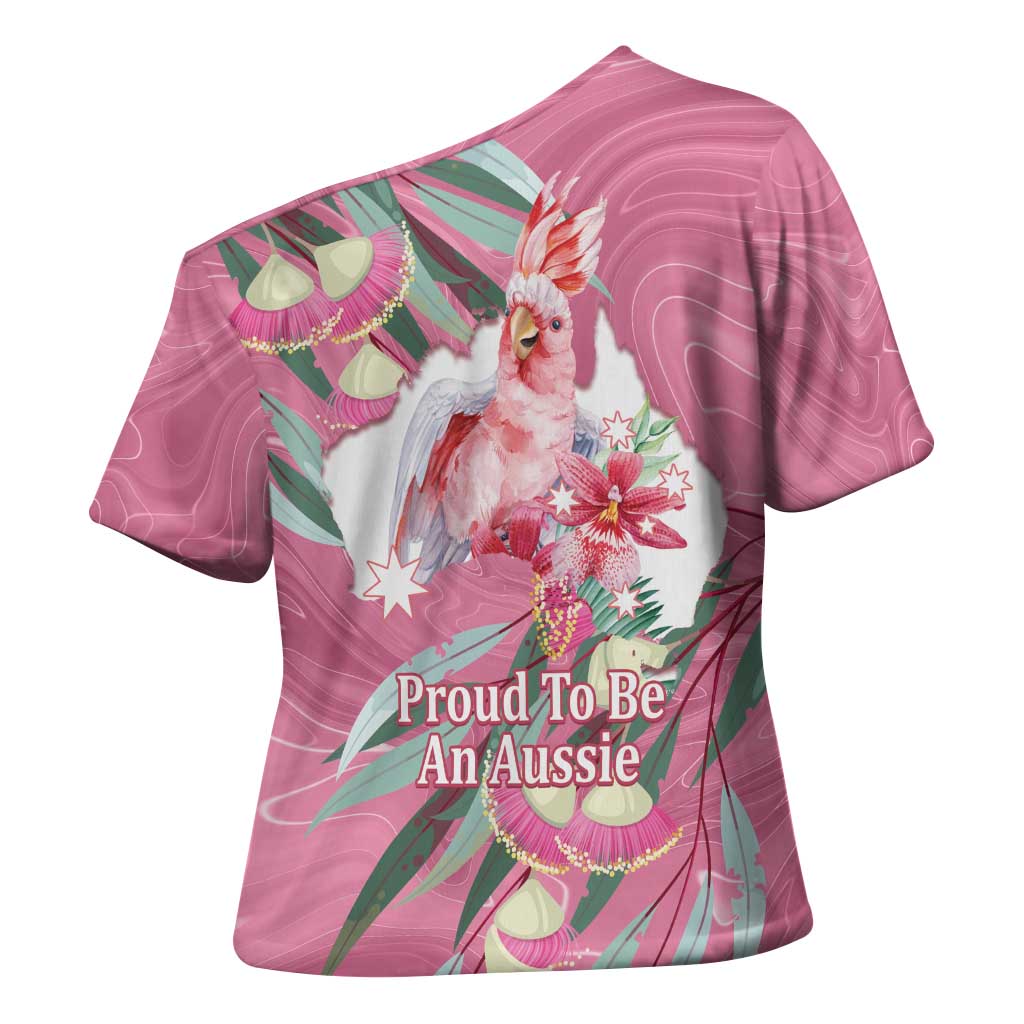 Pink Cockatoo Australia Day Cross Shoulder Shirt Proud To Be An Aussie Opal Eucalyptus Blossoms - Aussie Hoodie