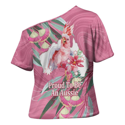 Pink Cockatoo Australia Day Cross Shoulder Shirt Proud To Be An Aussie Opal Eucalyptus Blossoms - Aussie Hoodie