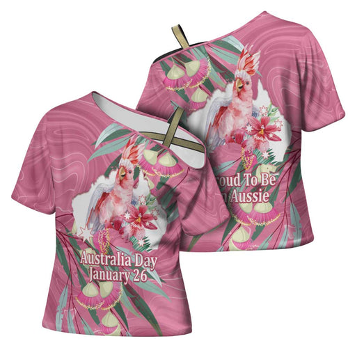 Pink Cockatoo Australia Day Cross Shoulder Shirt Proud To Be An Aussie Opal Eucalyptus Blossoms - Aussie Hoodie