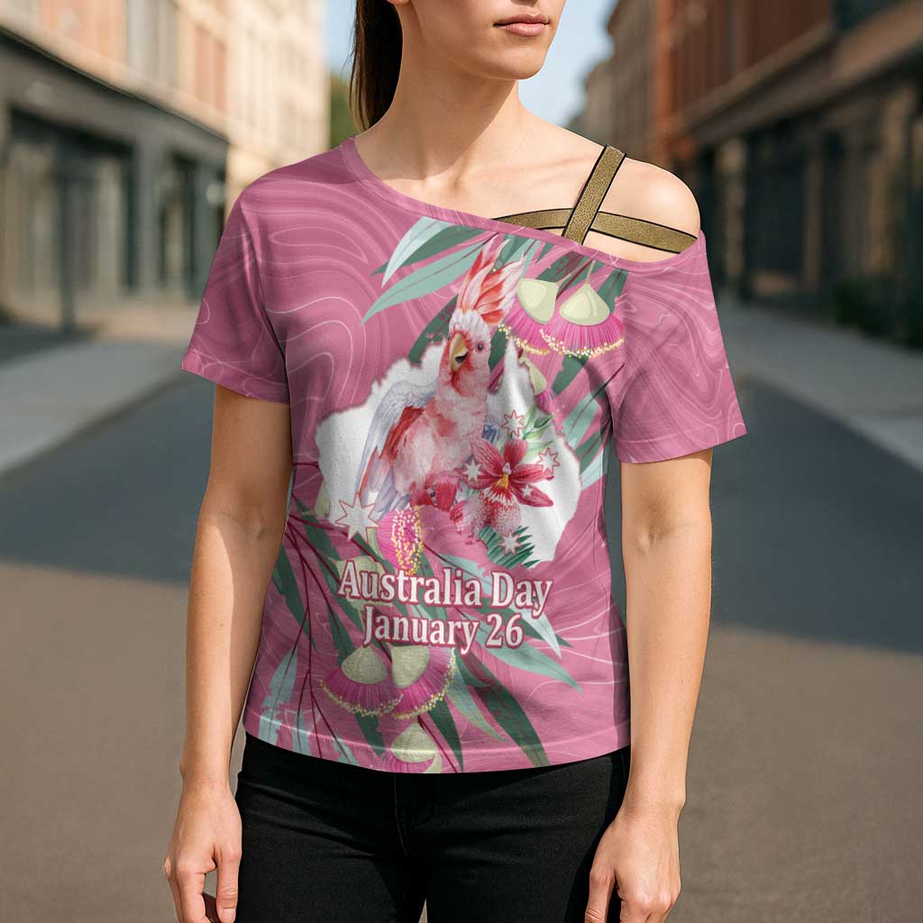 Pink Cockatoo Australia Day Cross Shoulder Shirt Proud To Be An Aussie Opal Eucalyptus Blossoms - Aussie Hoodie