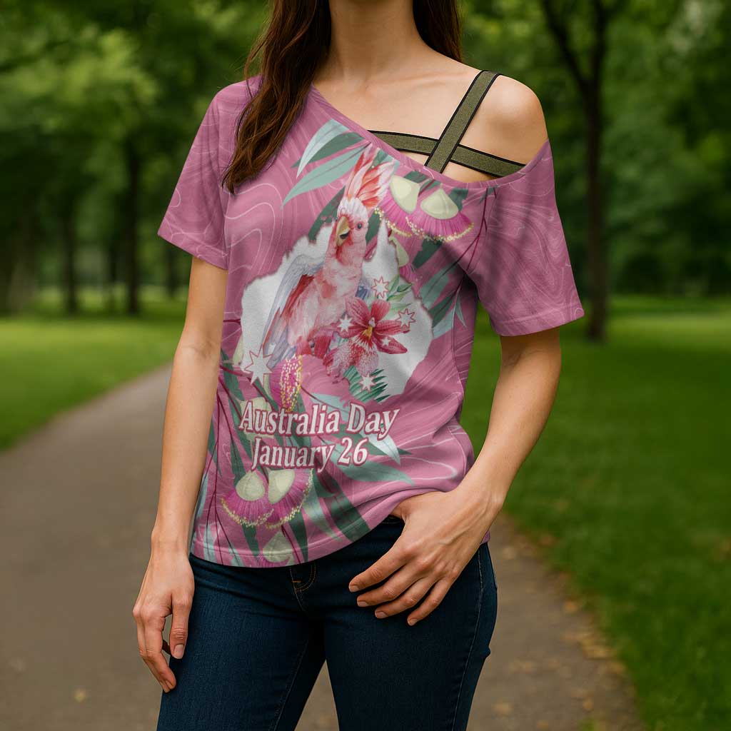 Pink Cockatoo Australia Day Cross Shoulder Shirt Proud To Be An Aussie Opal Eucalyptus Blossoms - Aussie Hoodie