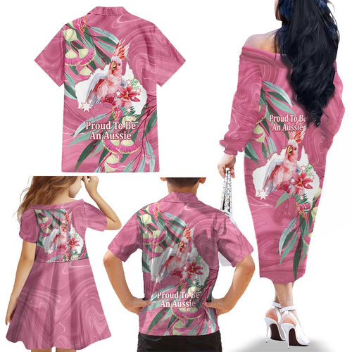 Pink Cockatoo Australia Day Family Matching Off The Shoulder Long Sleeve Dress and Hawaiian Shirt Proud To Be An Aussie Opal Eucalyptus Blossoms - Aussie Hoodie