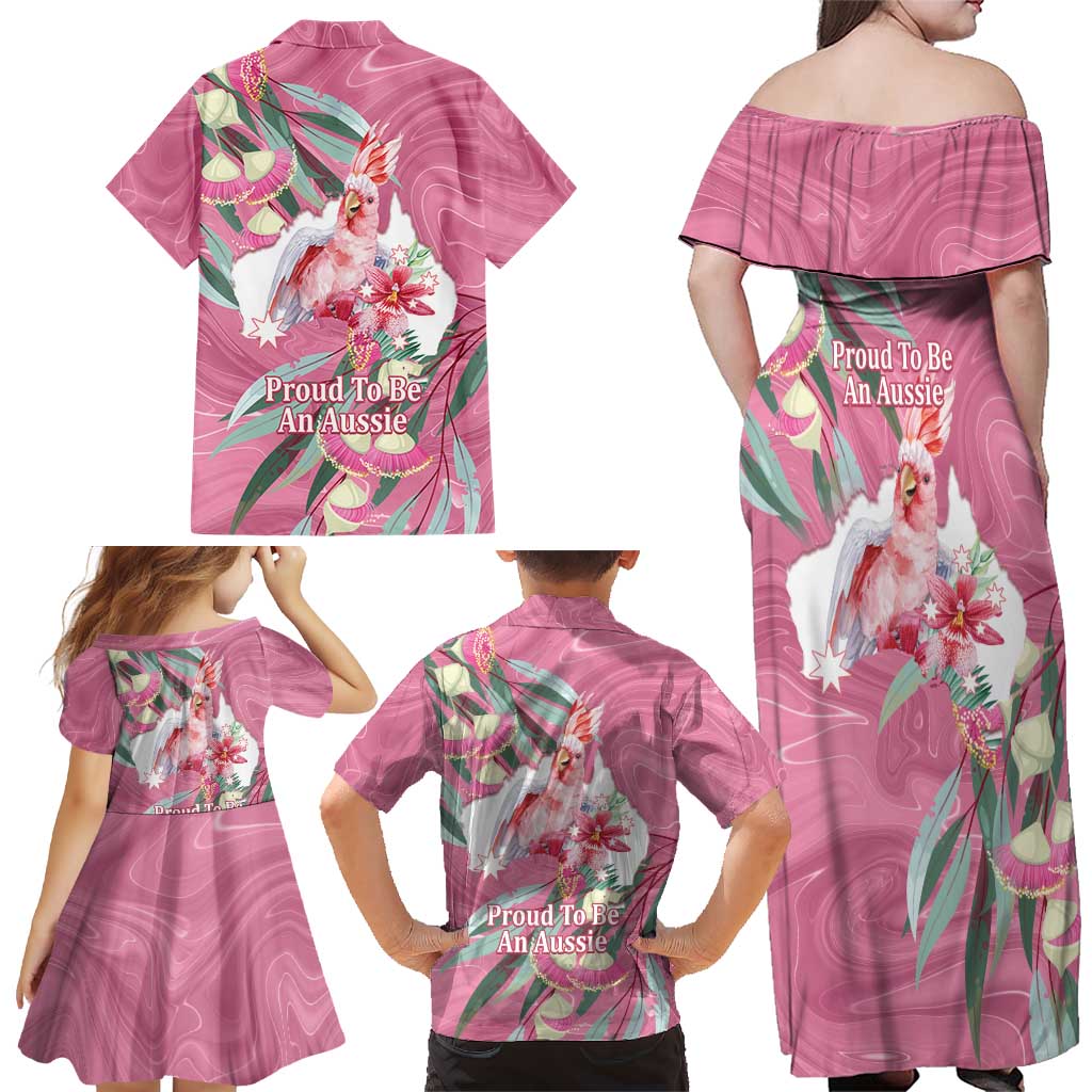 Pink Cockatoo Australia Day Family Matching Off Shoulder Maxi Dress and Hawaiian Shirt Proud To Be An Aussie Opal Eucalyptus Blossoms - Aussie Hoodie