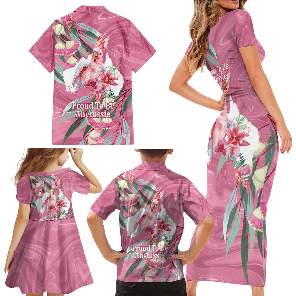 Pink Cockatoo Australia Day Family Matching Short Sleeve Bodycon Dress and Hawaiian Shirt Proud To Be An Aussie Opal Eucalyptus Blossoms - Aussie Hoodie
