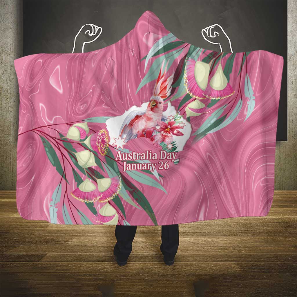 Pink Cockatoo Australia Day Hooded Blanket Proud To Be An Aussie Opal Eucalyptus Blossoms - Aussie Hoodie