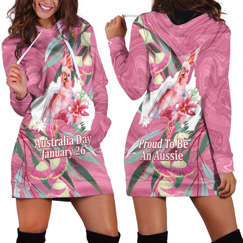 Pink Cockatoo Australia Day Hoodie Dress Proud To Be An Aussie Opal Eucalyptus Blossoms - Aussie Hoodie