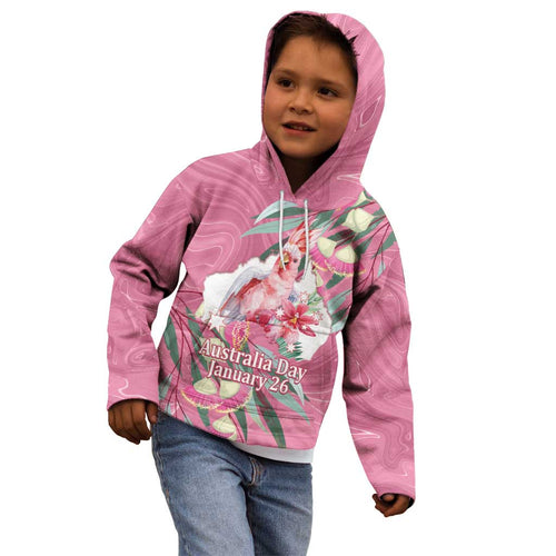 Pink Cockatoo Australia Day Kid Hoodie Proud To Be An Aussie Opal Eucalyptus Blossoms - Aussie Hoodie