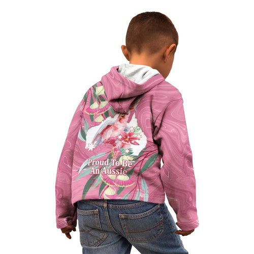 Pink Cockatoo Australia Day Kid Hoodie Proud To Be An Aussie Opal Eucalyptus Blossoms - Aussie Hoodie