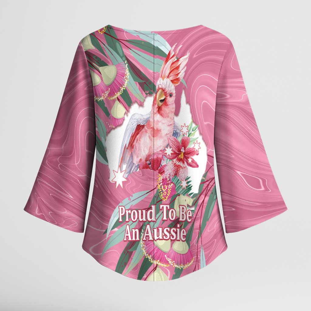 Pink Cockatoo Australia Day Kimono Sleeve Blouse Proud To Be An Aussie Opal Eucalyptus Blossoms - Aussie Hoodie