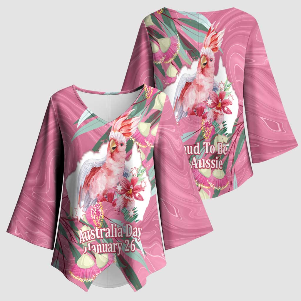 Pink Cockatoo Australia Day Kimono Sleeve Blouse Proud To Be An Aussie Opal Eucalyptus Blossoms - Aussie Hoodie
