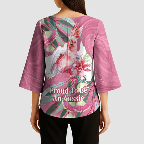 Pink Cockatoo Australia Day Kimono Sleeve Blouse Proud To Be An Aussie Opal Eucalyptus Blossoms - Aussie Hoodie