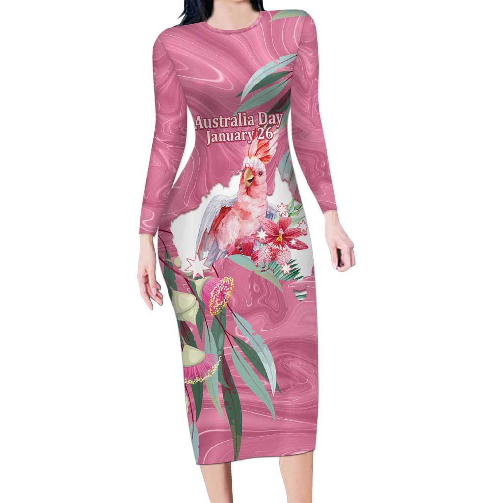 Pink Cockatoo Australia Day Long Sleeve Bodycon Dress Proud To Be An Aussie Opal Eucalyptus Blossoms - Aussie Hoodie
