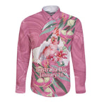 Pink Cockatoo Australia Day Long Sleeve Button Shirt Proud To Be An Aussie Opal Eucalyptus Blossoms - Aussie Hoodie