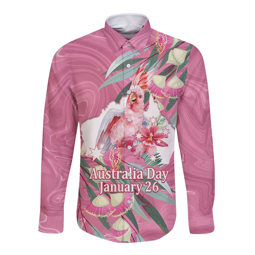 Pink Cockatoo Australia Day Long Sleeve Button Shirt Proud To Be An Aussie Opal Eucalyptus Blossoms - Aussie Hoodie