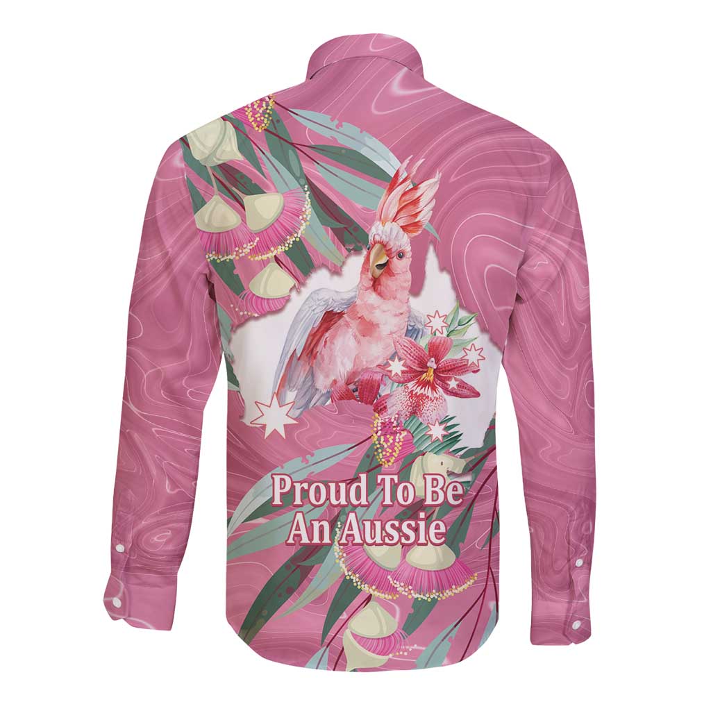 Pink Cockatoo Australia Day Long Sleeve Button Shirt Proud To Be An Aussie Opal Eucalyptus Blossoms - Aussie Hoodie