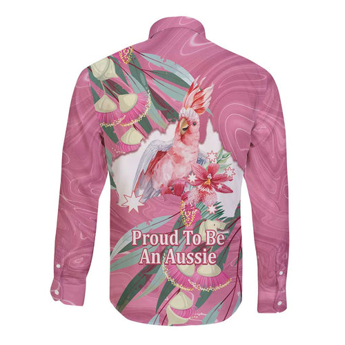Pink Cockatoo Australia Day Long Sleeve Button Shirt Proud To Be An Aussie Opal Eucalyptus Blossoms - Aussie Hoodie