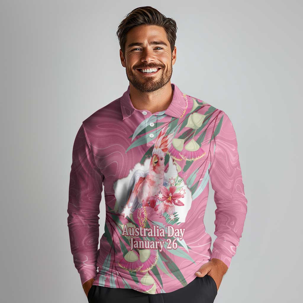 Pink Cockatoo Australia Day Long Sleeve Polo Shirt Proud To Be An Aussie Opal Eucalyptus Blossoms - Aussie Hoodie