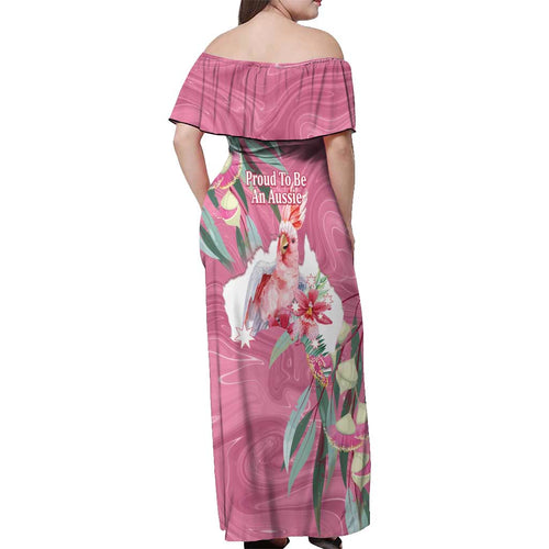 Pink Cockatoo Australia Day Off Shoulder Maxi Dress Proud To Be An Aussie Opal Eucalyptus Blossoms - Aussie Hoodie