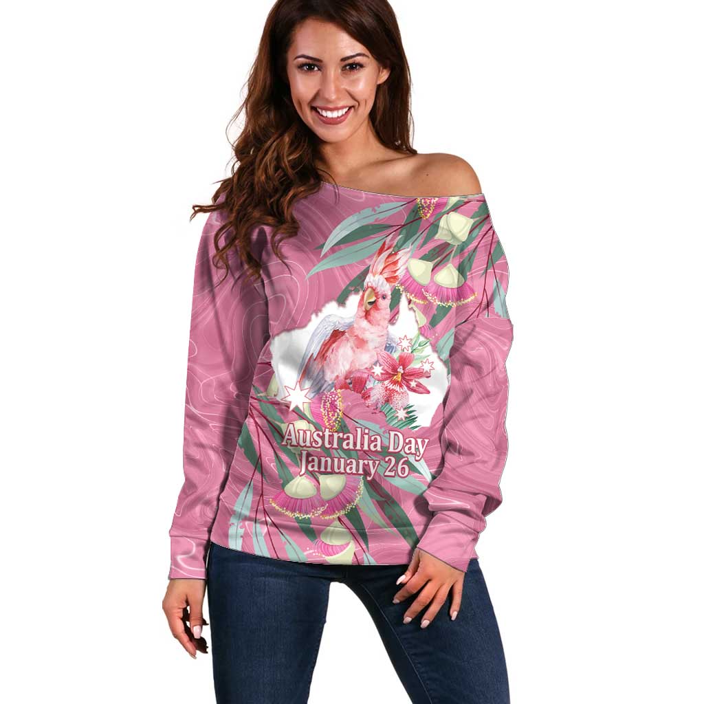 Pink Cockatoo Australia Day Off Shoulder Sweater Proud To Be An Aussie Opal Eucalyptus Blossoms - Aussie Hoodie