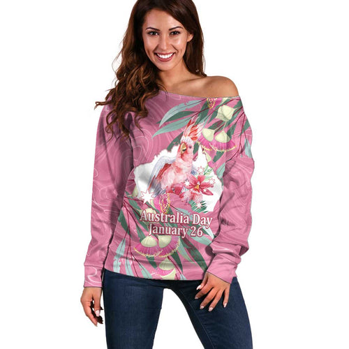 Pink Cockatoo Australia Day Off Shoulder Sweater Proud To Be An Aussie Opal Eucalyptus Blossoms - Aussie Hoodie