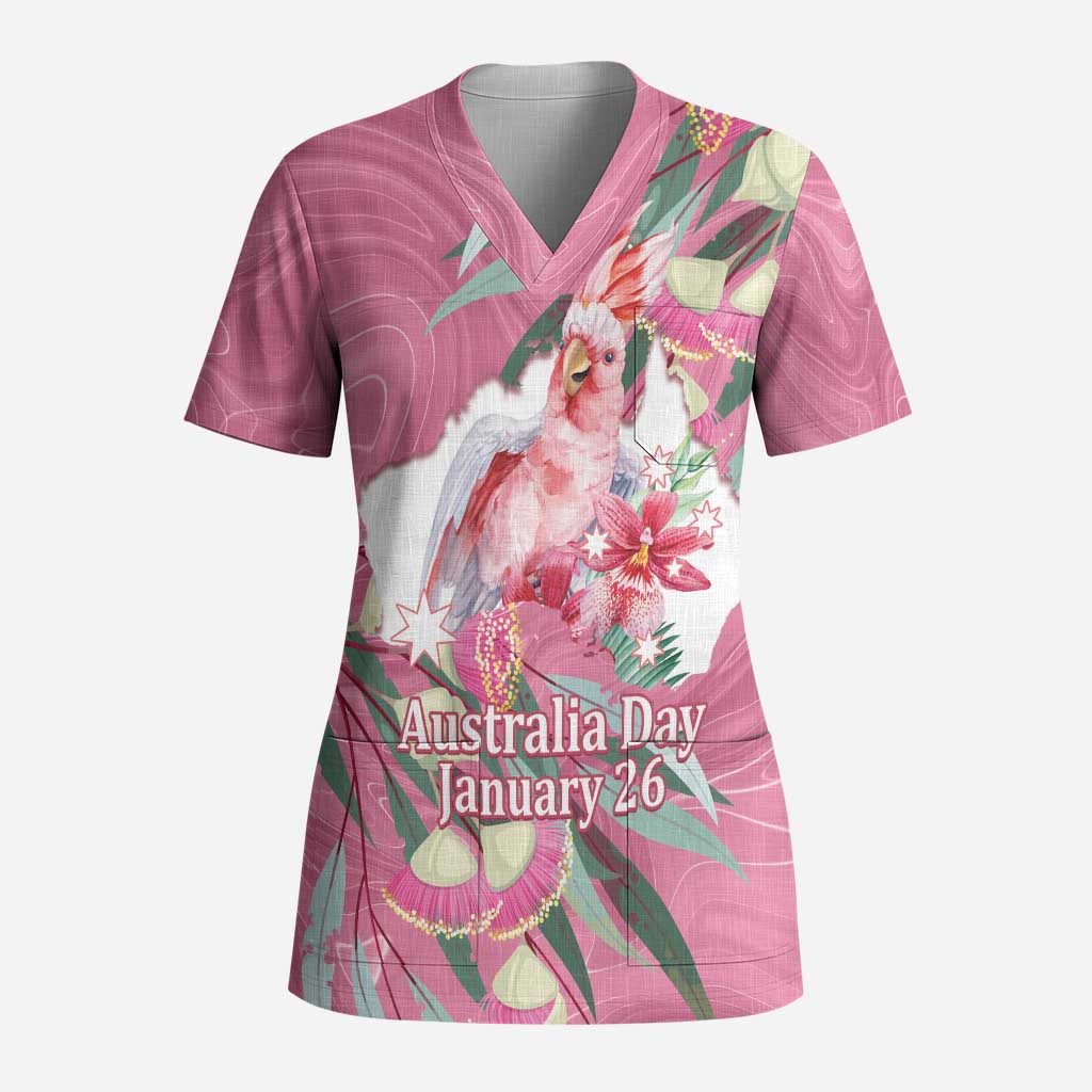 Pink Cockatoo Australia Day Scrub Top Proud To Be An Aussie Opal Eucalyptus Blossoms - Aussie Hoodie