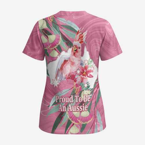 Pink Cockatoo Australia Day Scrub Top Proud To Be An Aussie Opal Eucalyptus Blossoms - Aussie Hoodie