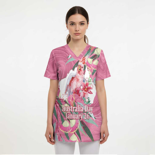 Pink Cockatoo Australia Day Scrub Top Proud To Be An Aussie Opal Eucalyptus Blossoms - Aussie Hoodie