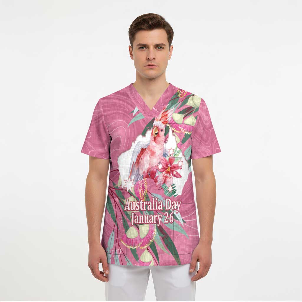 Pink Cockatoo Australia Day Scrub Top Proud To Be An Aussie Opal Eucalyptus Blossoms - Aussie Hoodie