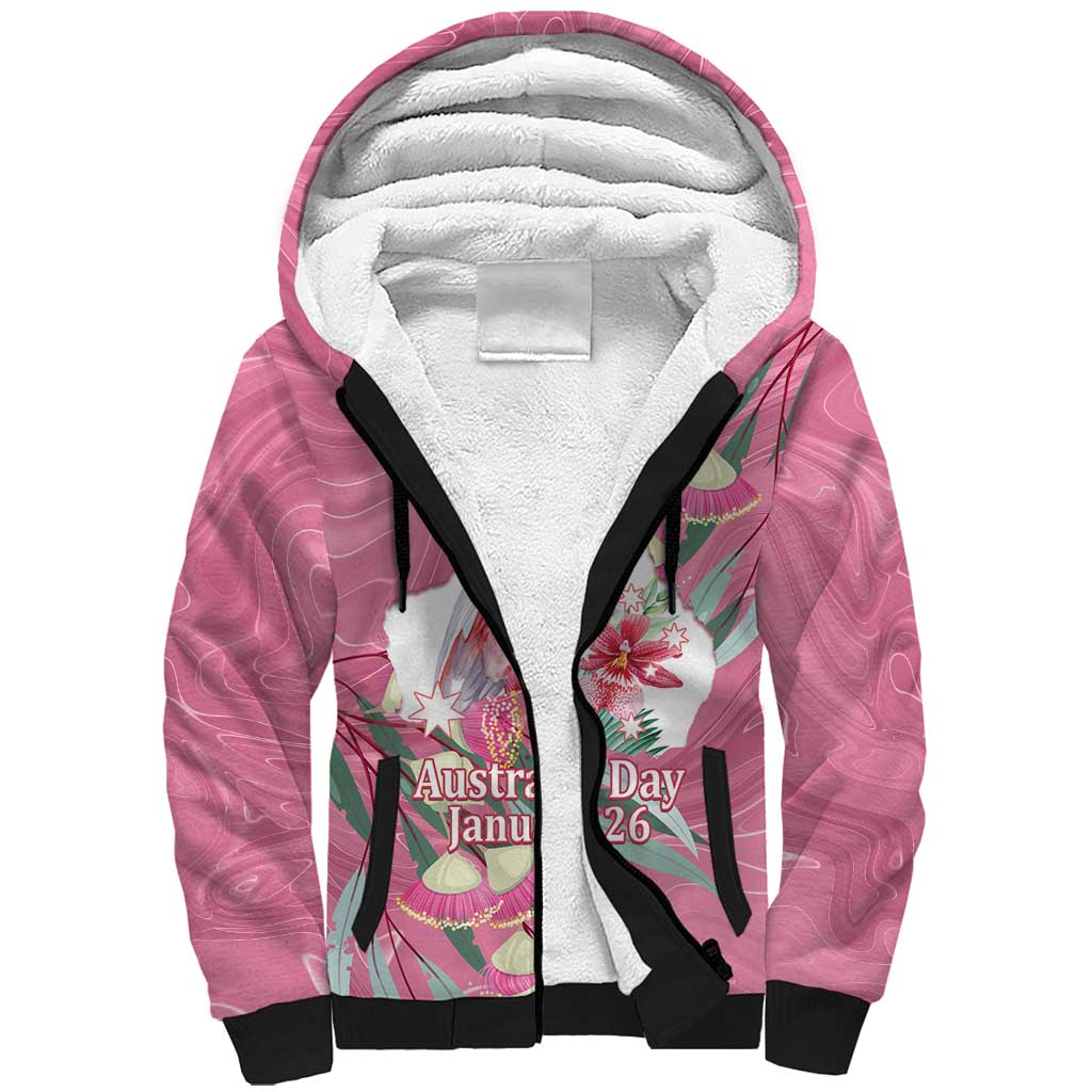 Pink Cockatoo Australia Day Sherpa Hoodie Proud To Be An Aussie Opal Eucalyptus Blossoms - Aussie Hoodie