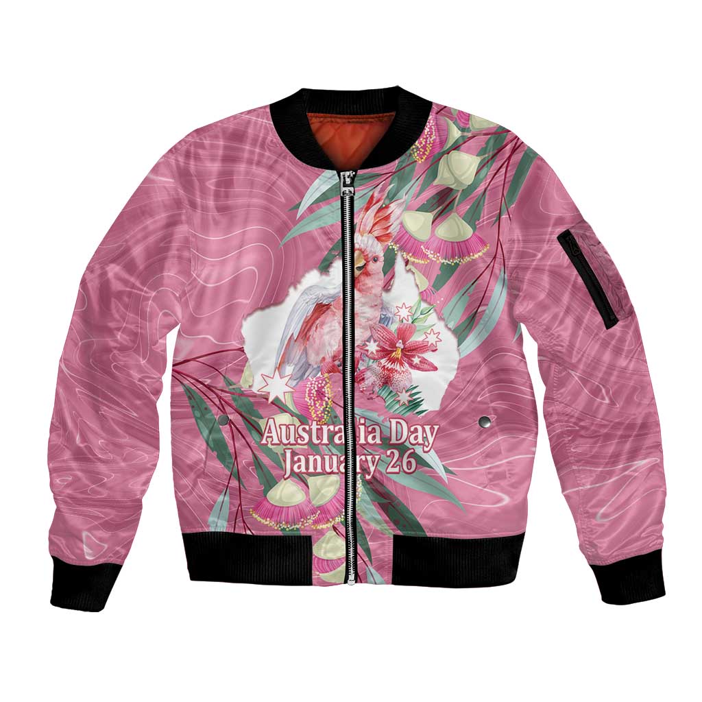 Pink Cockatoo Australia Day Sleeve Zip Bomber Jacket Proud To Be An Aussie Opal Eucalyptus Blossoms - Aussie Hoodie