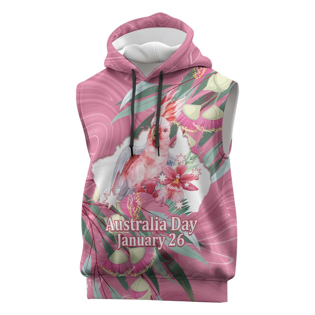 Pink Cockatoo Australia Day Sleeveless Hoodie Proud To Be An Aussie Opal Eucalyptus Blossoms - Aussie Hoodie