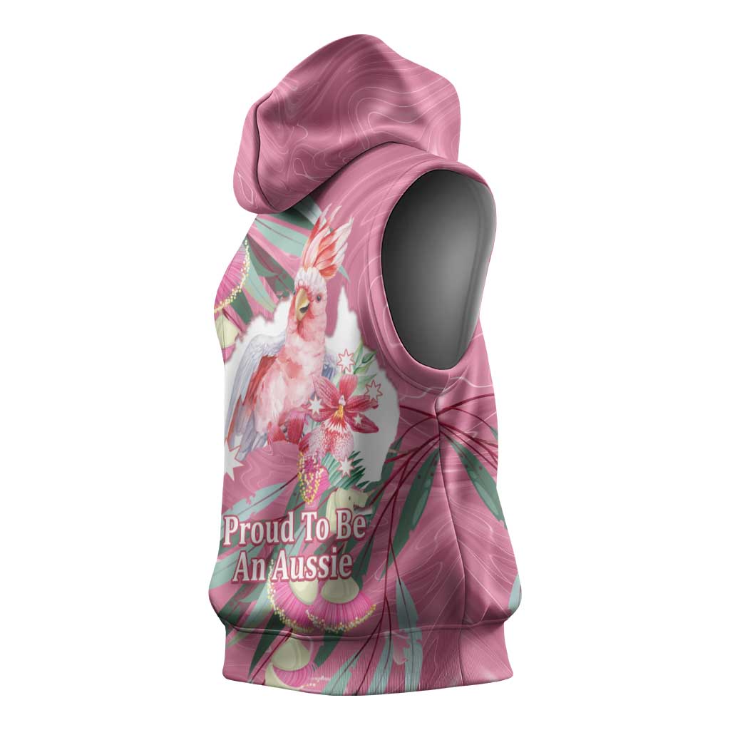 Pink Cockatoo Australia Day Sleeveless Hoodie Proud To Be An Aussie Opal Eucalyptus Blossoms - Aussie Hoodie