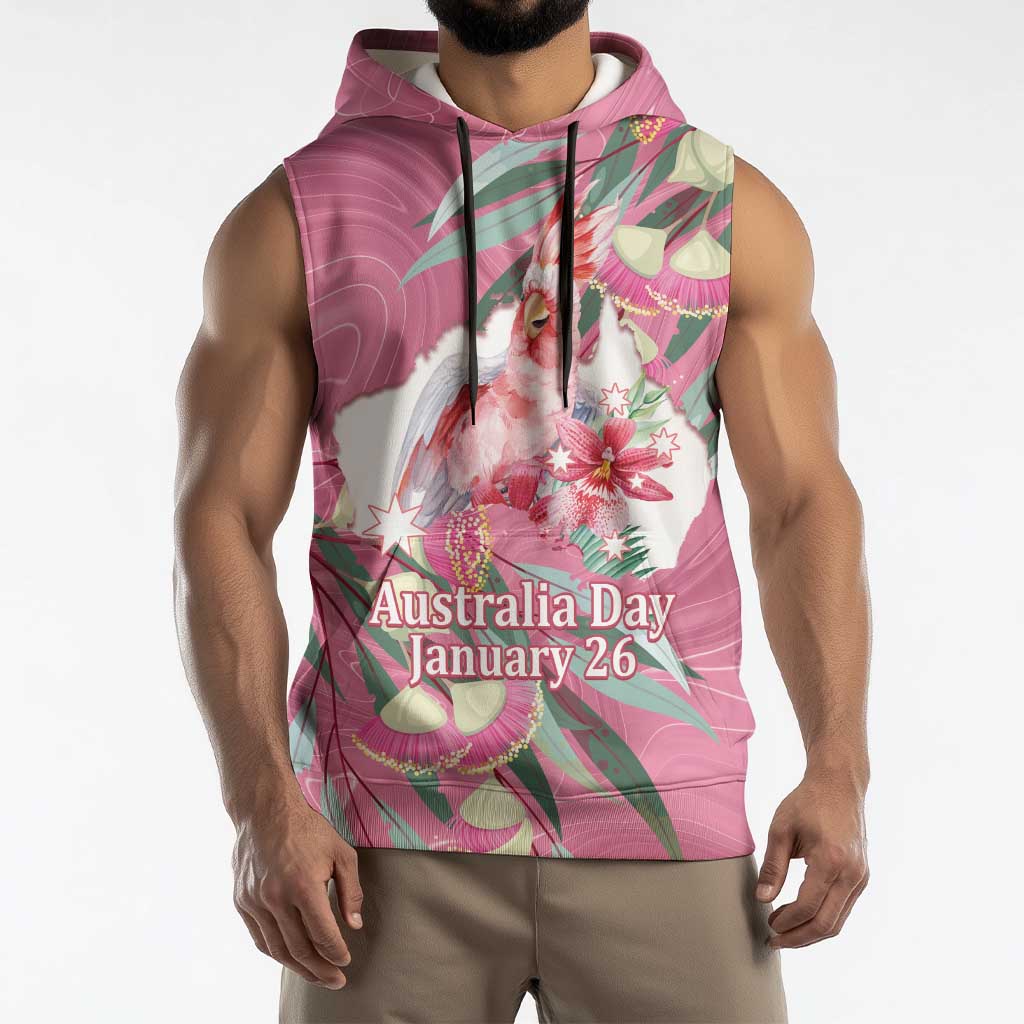 Pink Cockatoo Australia Day Sleeveless Hoodie Proud To Be An Aussie Opal Eucalyptus Blossoms - Aussie Hoodie