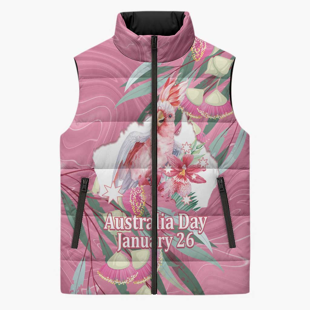 Pink Cockatoo Australia Day Sleeveless Puffer Jacket Proud To Be An Aussie Opal Eucalyptus Blossoms - Aussie Hoodie
