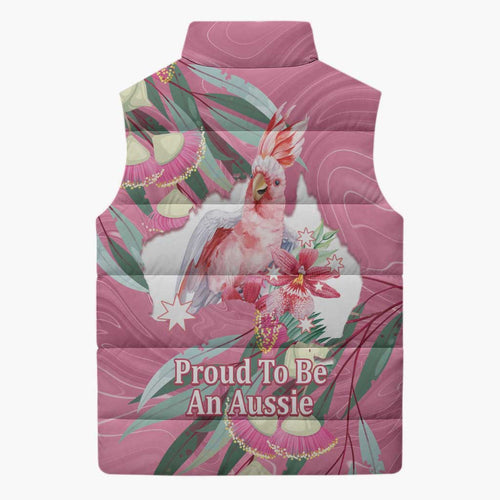 Pink Cockatoo Australia Day Sleeveless Puffer Jacket Proud To Be An Aussie Opal Eucalyptus Blossoms - Aussie Hoodie