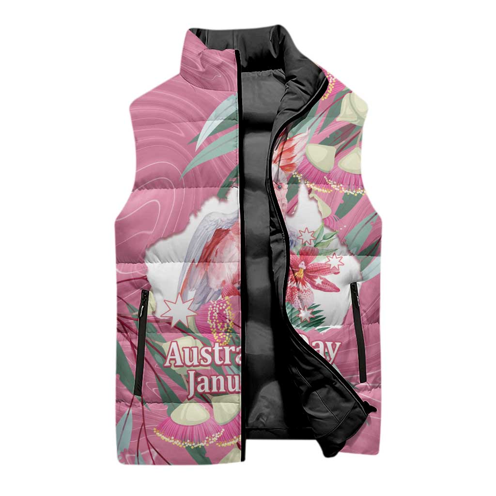 Pink Cockatoo Australia Day Sleeveless Puffer Jacket Proud To Be An Aussie Opal Eucalyptus Blossoms - Aussie Hoodie