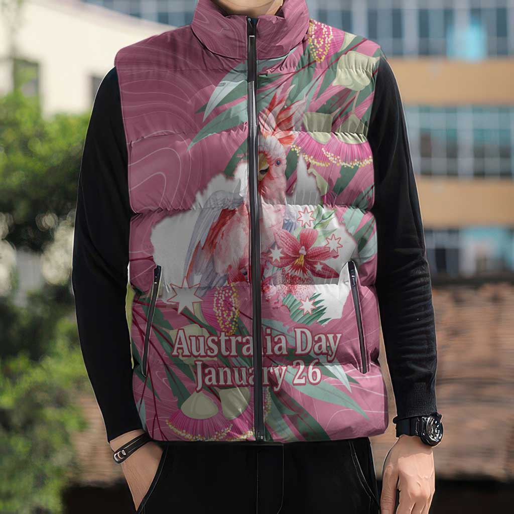 Pink Cockatoo Australia Day Sleeveless Puffer Jacket Proud To Be An Aussie Opal Eucalyptus Blossoms - Aussie Hoodie