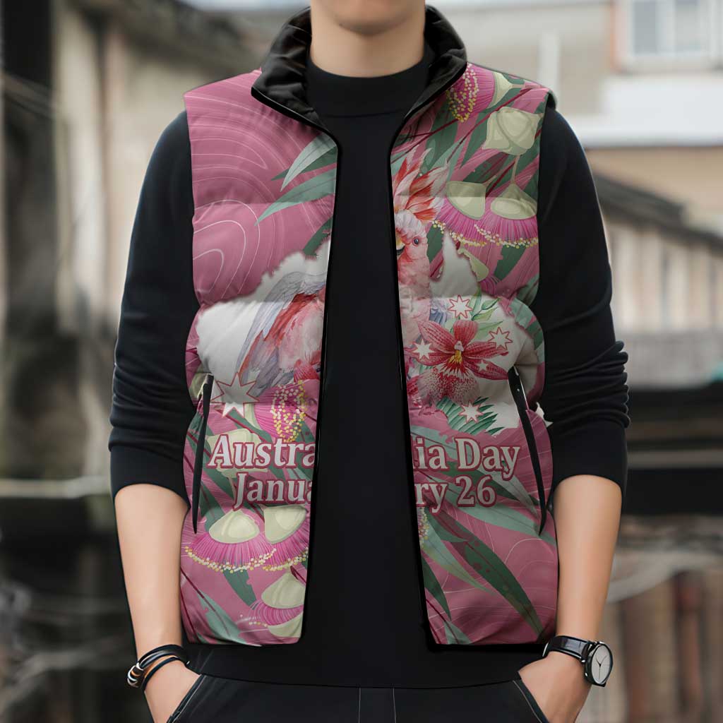 Pink Cockatoo Australia Day Sleeveless Puffer Jacket Proud To Be An Aussie Opal Eucalyptus Blossoms - Aussie Hoodie